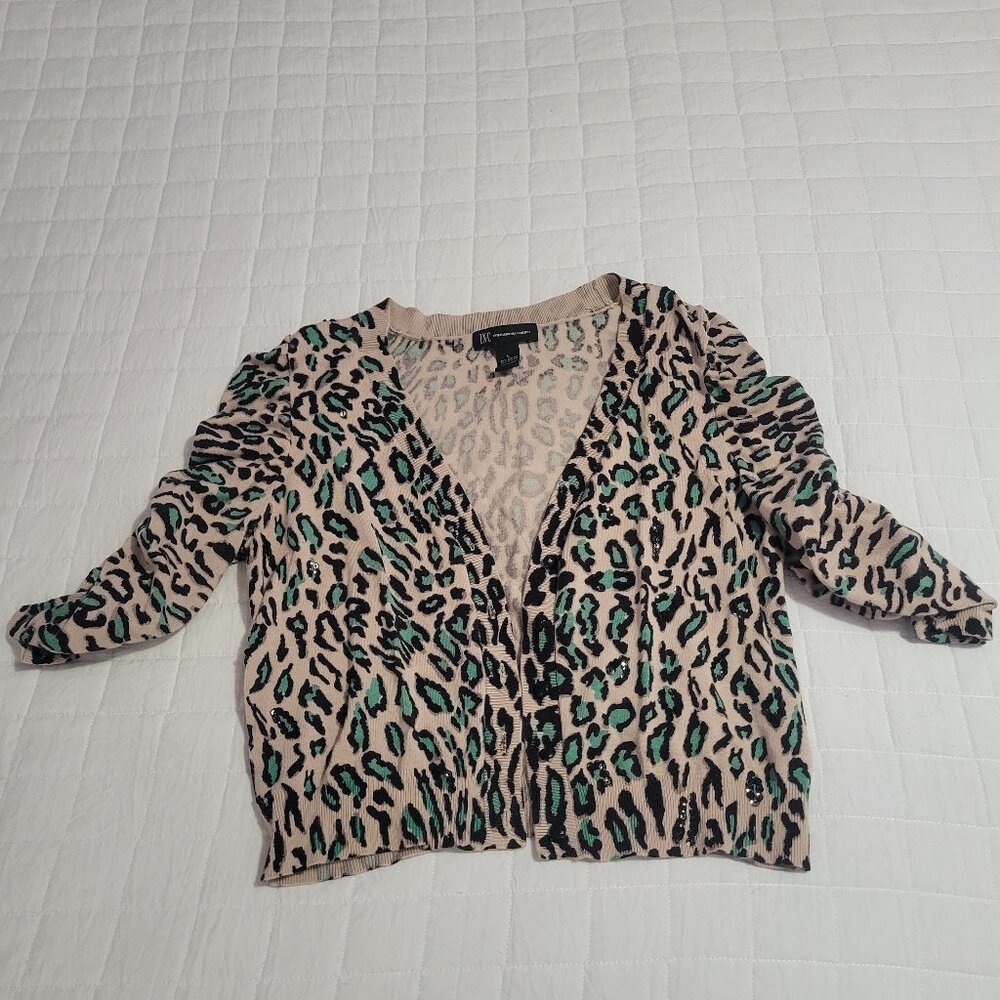 INC cheetah green print cropped cardigan